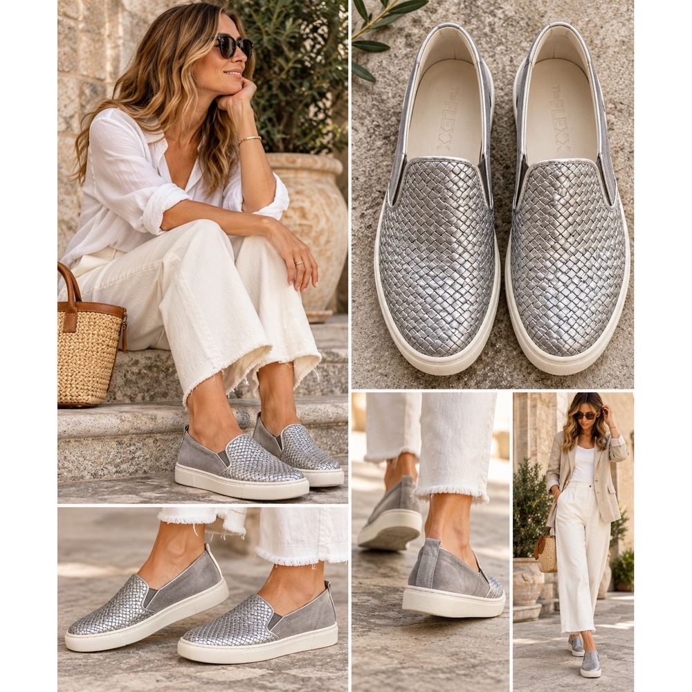 The FLEXX Sneak Name Women's 9 Metallic Silver Woven Leather Slip On Sneakers